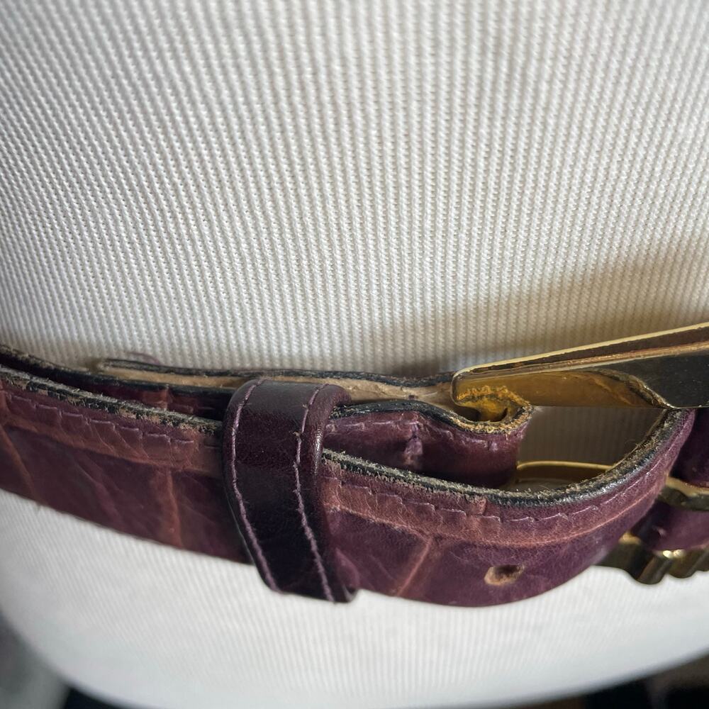 Vintage Mobwife Statement Leather Belt Burgundy Croc Embossed Gold Buckle S/M - Picture 9 of 9